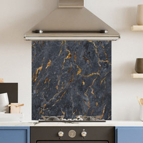 Toughened 6mm Glass Kitchen Splashback 60 x 60cm Black Marbled Surface Polished Heat Resistant Back Splash for Cookers Hob