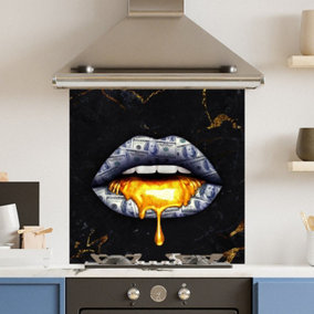 Toughened 6mm Glass Kitchen Splashback 60 x 60cm Gold Black Lips - Polished Edge Heat Resistant Back Splash for Cookers Hob