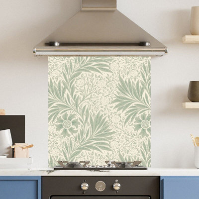 Toughened 6mm Glass Kitchen Splashback 60 x 65cm Pale Green Leaf Pattern Heat Resistant Back Splash for Cookers Hob