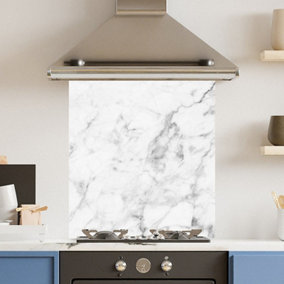 Toughened 6mm Glass Kitchen Splashback 60 x 65cm Veiny White Marble - Polished Heat Resistant Back Splash for Cookers Hob