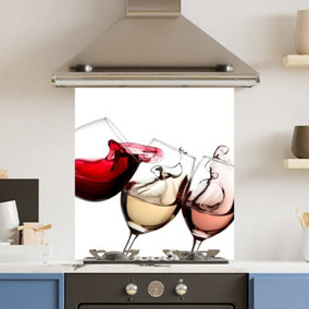 Toughened 6mm Glass Kitchen Splashback 60 x 65cm White 3 Wine Glasses - Polished Heat Resistant Back Splash for Cookers Hob