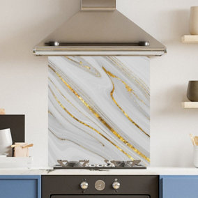 Toughened 6mm Glass Kitchen Splashback 60 x 65cm White Gold Quartz - Polished  Heat Resistant Back Splash for Cookers Hob