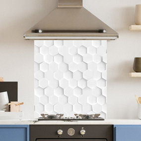 Toughened 6mm Glass Kitchen Splashback 60 x 65cm White Hexagon - Polished Edge Heat Resistant Back Splash for Cookers Hob