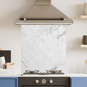 Toughened 6mm Glass Kitchen Splashback 60 x 65cm White Veiny Marble - Polished Heat Resistant Back Splash for Cookers Hob