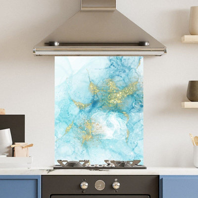 Toughened 6mm Glass Kitchen Splashback 60 x 75cm Aquamarine Quartz - Polished  Heat Resistant Back Splash for Cookers Hob