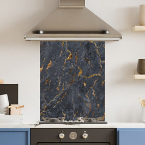 Toughened 6mm Glass Kitchen Splashback 60 x 75cm Black Marbled Surface Polished Heat Resistant Back Splash for Cookers Hob