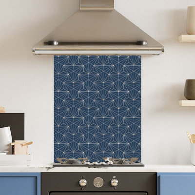 Toughened 6mm Glass Kitchen Splashback 60 x 75cm Blue Gold Pattern - Polished  Heat Resistant Back Splash for Cookers Hob