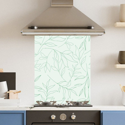 Toughened 6mm Glass Kitchen Splashback 60 x 75cm Mint Green Leaf Pattern Heat Resistant Back Splash for Cookers Hob