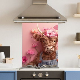 Toughened 6mm Glass Kitchen Splashback 60 x 75cm Pink Floral Cow - Polished Edge Heat Resistant Back Splash for Cookers Hob