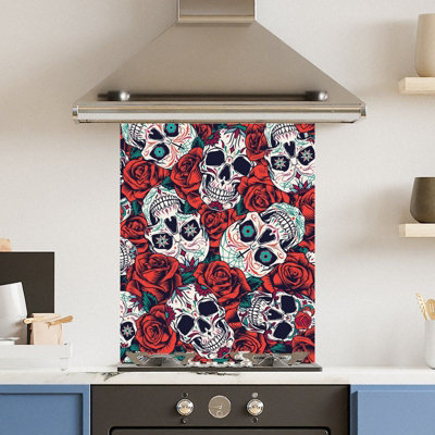 Toughened 6mm Glass Kitchen Splashback 60 x 75cm Red Skulls - Polished Edge Heat Resistant Back Splash for Cookers Hob