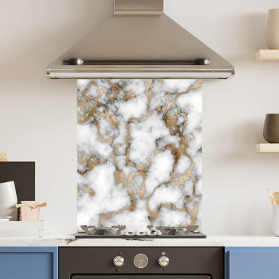 Toughened 6mm Glass Kitchen Splashback 60 x 75cm White Gold Marble - Polished  Heat Resistant Back Splash for Cookers Hob