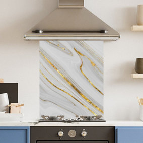 Toughened 6mm Glass Kitchen Splashback 60 x 75cm White Gold Quartz - Polished  Heat Resistant Back Splash for Cookers Hob
