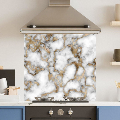 Toughened 6mm Glass Kitchen Splashback 70 x 65cm White Gold Marble ...