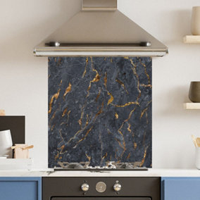 Toughened 6mm Glass Kitchen Splashback 70 x 75cm Black Marbled Surface Polished Heat Resistant Back Splash for Cookers Hob