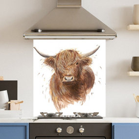 Toughened 6mm Glass Kitchen Splashback 70 x 75cm Drawn Cow - Polished Edge Heat Resistant Back Splash for Cookers Hob