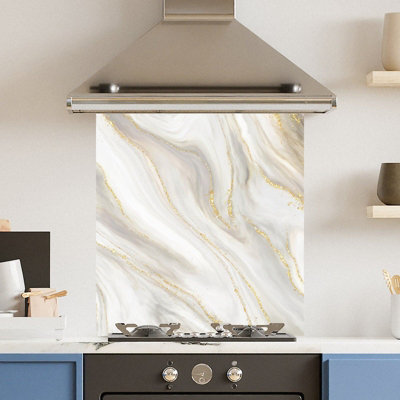 Toughened 6mm Glass Kitchen Splashback 70 x 75cm Elegant Gold Marble - Polished Heat Resistant Back Splash for Cookers Hob