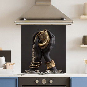 Toughened 6mm Glass Kitchen Splashback 70 x 75cm Gold Black Hands - Polished  Heat Resistant Back Splash for Cookers Hob