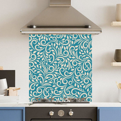 Toughened 6mm Glass Kitchen Splashback 70 x 75cm Green Floral Pattern ...
