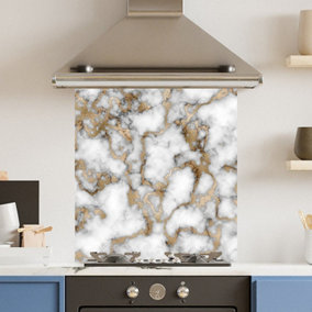Toughened 6mm Glass Kitchen Splashback 70 x 75cm White Gold Marble - Polished  Heat Resistant Back Splash for Cookers Hob