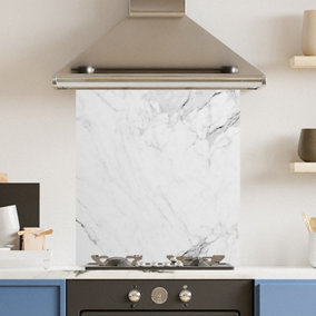 Toughened 6mm Glass Kitchen Splashback 70 x 75cm White Veiny Marble - Polished Heat Resistant Back Splash for Cookers Hob