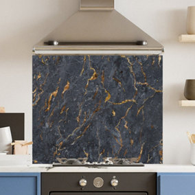 Toughened 6mm Glass Kitchen Splashback 90 x 65cm Black Marbled Surface Polished Heat Resistant Back Splash for Cookers Hob