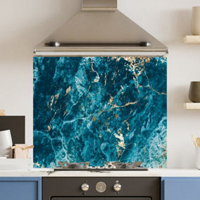 Toughened 6mm Glass Kitchen Splashback 90 x 65cm Dark Blue Gold Marble Polished Heat Resistant Back Splash for Cookers Hob
