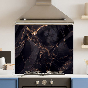 Toughened 6mm Glass Kitchen Splashback 90 x 65cm Dark Marble - Polished Edge Heat Resistant Back Splash for Cookers Hob