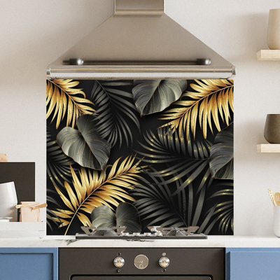 Toughened 6mm Glass Kitchen Splashback 90 x 65cm Floral Gold Black - Polished  Heat Resistant Back Splash for Cookers Hob