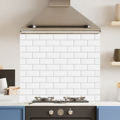 Toughened 6mm Glass Kitchen Splashback 90 x 65cm White Metro Tile - Polished  Heat Resistant Back Splash for Cookers Hob