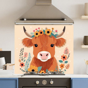 Toughened 6mm Glass Kitchen Splashback 90 x 75cm Floral Cow - Polished Edge Heat Resistant Back Splash for Cookers Hob