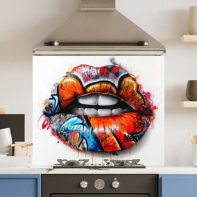 Toughened 6mm Glass Kitchen Splashback 90 x 75cm Grafitti Mouth - Polished Edge Heat Resistant Back Splash for Cookers Hob