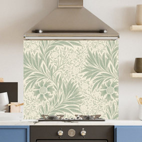 Toughened 6mm Glass Kitchen Splashback 90 x 75cm Pale Green Leaf Pattern Heat Resistant Back Splash for Cookers Hob