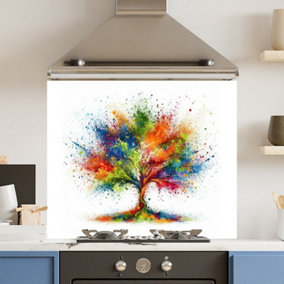 Toughened 6mm Glass Kitchen Splashback 90 x 75cm Rainbow Tree - Polished Edge Heat Resistant Back Splash for Cookers Hob