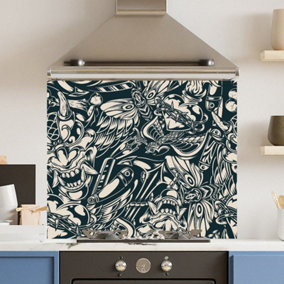 Toughened 6mm Glass Kitchen Splashback 90 x 75cm Tattoo Drea - Polished Edge Heat Resistant Back Splash for Cookers Hob