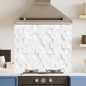 Toughened 6mm Glass Kitchen Splashback 90 x 75cm White Hexagon - Polished Edge Heat Resistant Back Splash for Cookers Hob