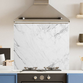Toughened 6mm Glass Kitchen Splashback 90 x 75cm White Veiny Marble - Polished Heat Resistant Back Splash for Cookers Hob