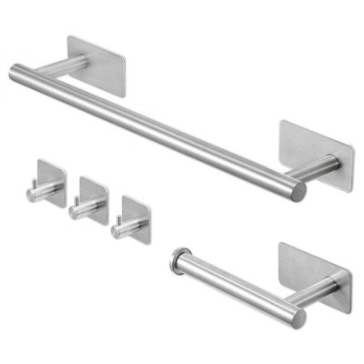Towel and Toilet Roll Holder Set 1 Towel Rack, 1 Toilet Paper Holder, 3 Wall Hooks Stainless Steel Wall Mounted