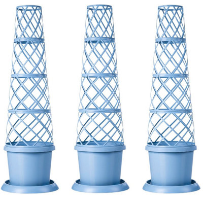 Tower Pot Garden Planter Trellis & Saucer Outdoors Mayan Blue x 3