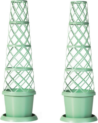 Tower Pot Garden Planter Trellis & Saucer Outdoors Pistachio Green x 2
