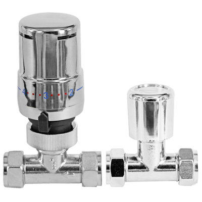 Tower Thermostatic Radiator Valve Straight TRV Rad Lockshield Chrome Valves Set