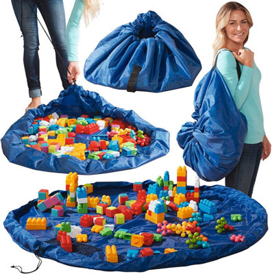 Toy Storage Play Mat Drawstring Bag - Blue Polyester Bag with Handle & 4  Net Pockets - Measures 1.5m Diameter