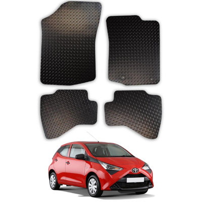 Toyota Aygo Rubber Floor Mat Set (2014-2021) - Tailored Fit, Hook Clip, Anti-Slip, Heavy Duty, Waterproof, 4 Pieces, Black