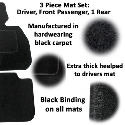 Toyota Yaris Car Floor Mats Mk3 2011 to 2020 Tailored Carpet 3pc Set Black