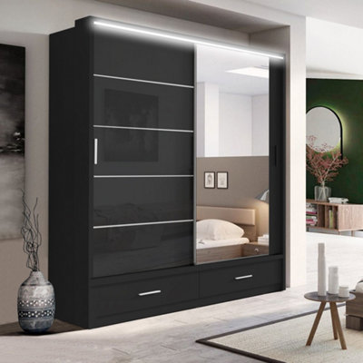 Track-D Bedroom Sliding Wardrobe - LED Light - Ample Storage Space & Sleek Design comes in Width 205cm/256cm. (Black, 205cm)