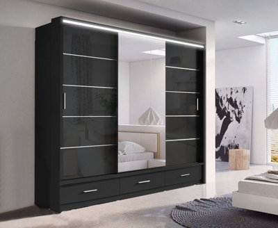 Track-D Bedroom Sliding Wardrobe - LED Light - Ample Storage Space & Sleek Design comes in Width 205cm/256cm. (Black, 256cm)