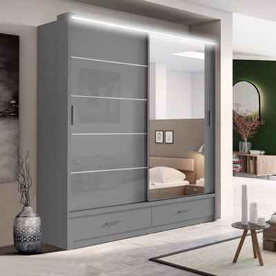 Track-D Bedroom Sliding Wardrobe - LED Light - Ample Storage Space & Sleek Design comes in Width 205cm/256cm. (Grey, 205cm)