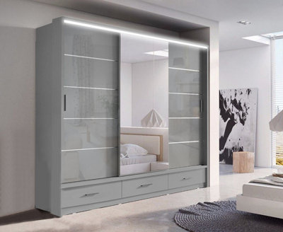 Track-D Bedroom Sliding Wardrobe - LED Light - Ample Storage Space & Sleek Design comes in Width 205cm/256cm. (Grey, 256cm)