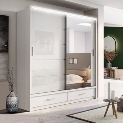 Track-D Bedroom Sliding Wardrobe - LED Light - Ample Storage Space & Sleek Design comes in Width 205cm/256cm. (White, 205cm)