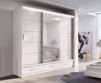 Track-D Bedroom Sliding Wardrobe - LED Light - Ample Storage Space & Sleek Design comes in Width 205cm/256cm. (White, 256cm)