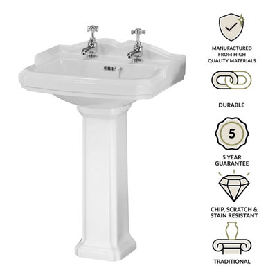 Traditional 2 Tap Hole Basin with Full Pedestal - 580mm - 3